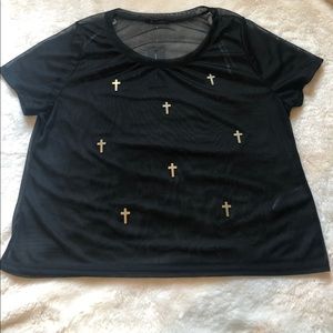 Black sheer gold cross tee shirt top